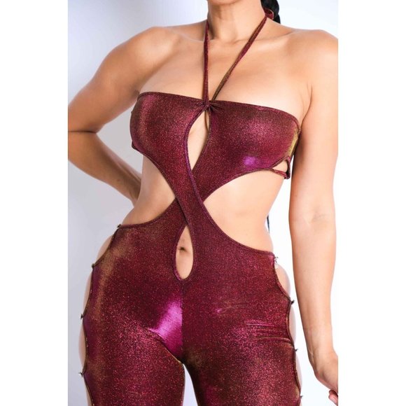 Boutique Pants - Women's Sleeveless Glittery Cutout Halter Neck Keyhole Sexy Party Jumpsuit